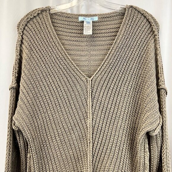 She & Sky Womens V-Neck Long Cuffed Sleeve Open Knit Sweater Stone Medium - Picture 2 of 7
